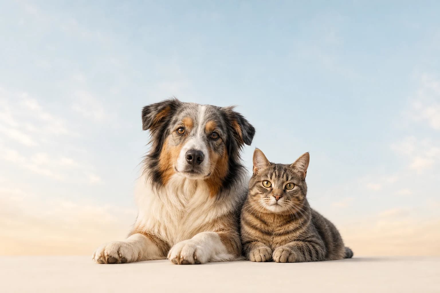 A dog and cat resting together beneath a soft blue sky